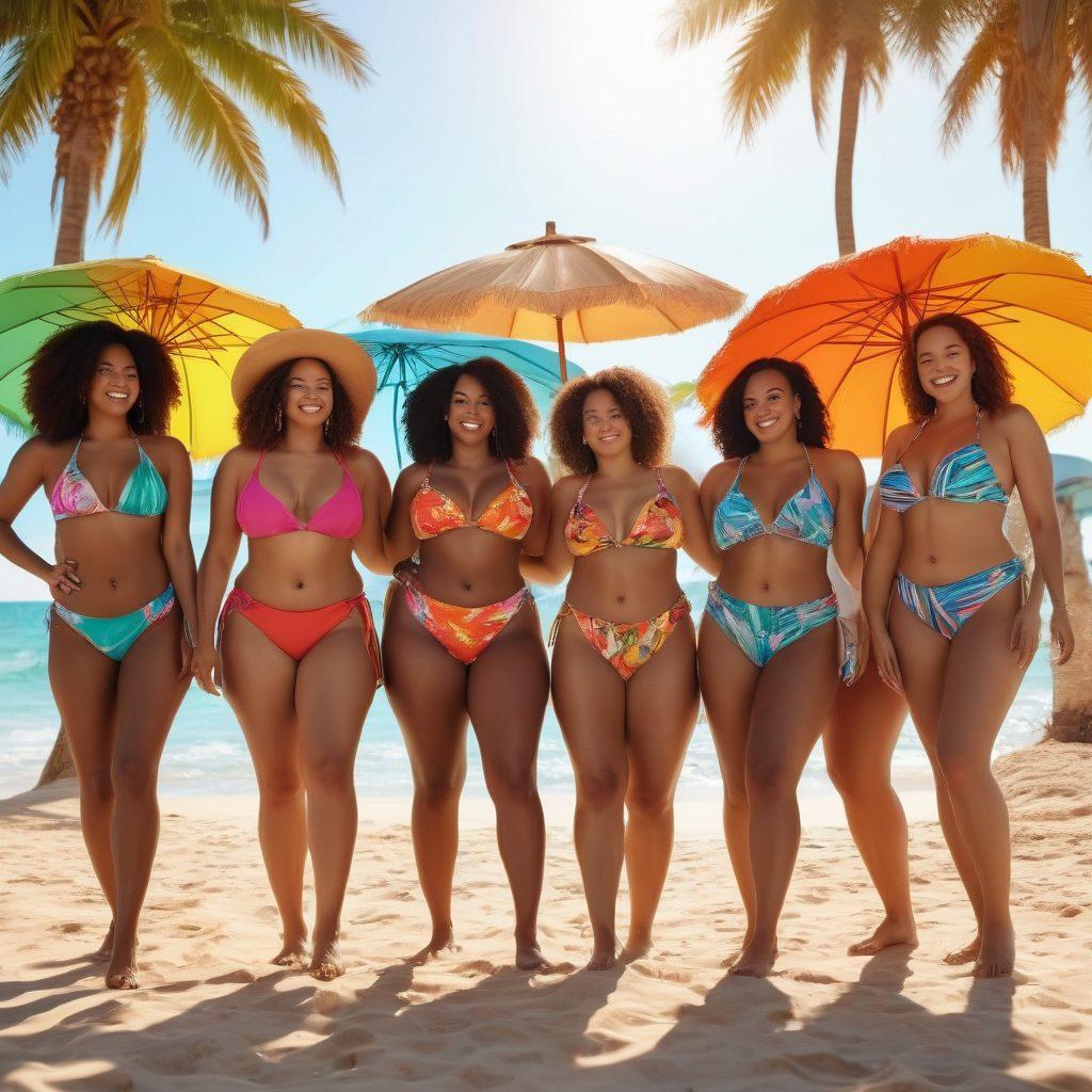 A diverse group of confident women of different body types joyfully trying on various stylish bikinis at a beach, surrounded by colorful beach umbrellas and palm trees, showcasing a range of body positivity and fashion choices. Bright sunlight creates a warm atmosphere, highlighting their happiness and body confidence. vibrant colors. 3D.