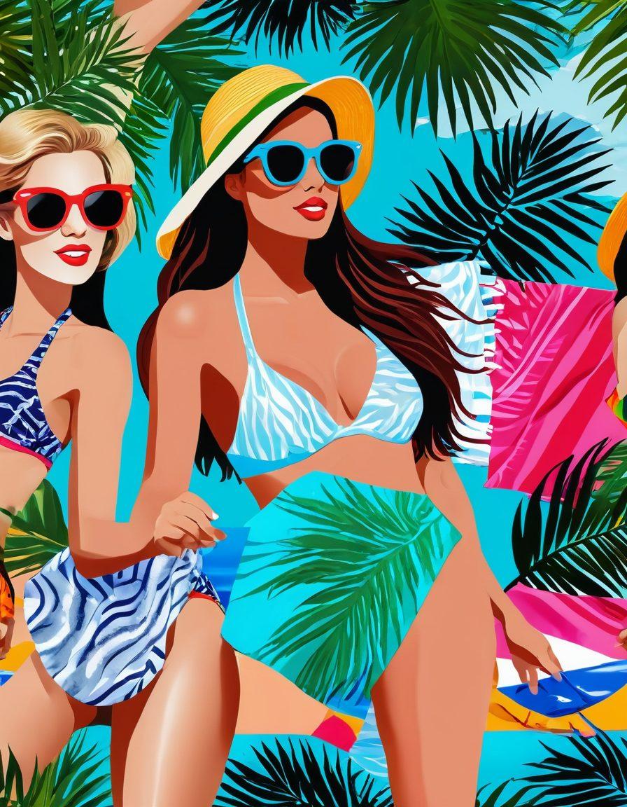 A vibrant beach scene showcasing models of various body types confidently wearing the latest bikini trends in bold colors and unique patterns. Include a sunny sky, playful waves, and beach accessories like sunglasses and beach towels to enhance the summery vibe. Surround the scene with tropical palm trees and a clear ocean in the background to evoke a sense of adventure and fun. stylized. vibrant colors. summer vibes.