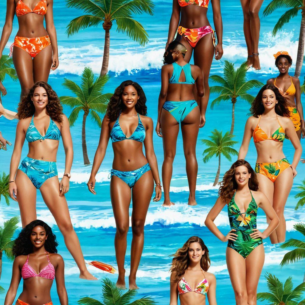 A vibrant beach scene showcasing a diverse array of swimwear styles, ranging from bold, tropical prints to elegant, classic cuts. Include models of different body types happily enjoying the sun, with palm trees and ocean waves in the background. Infuse the image with bright colors and a lively atmosphere, capturing the essence of summer fashion. super-realistic. vibrant colors. beach setting.